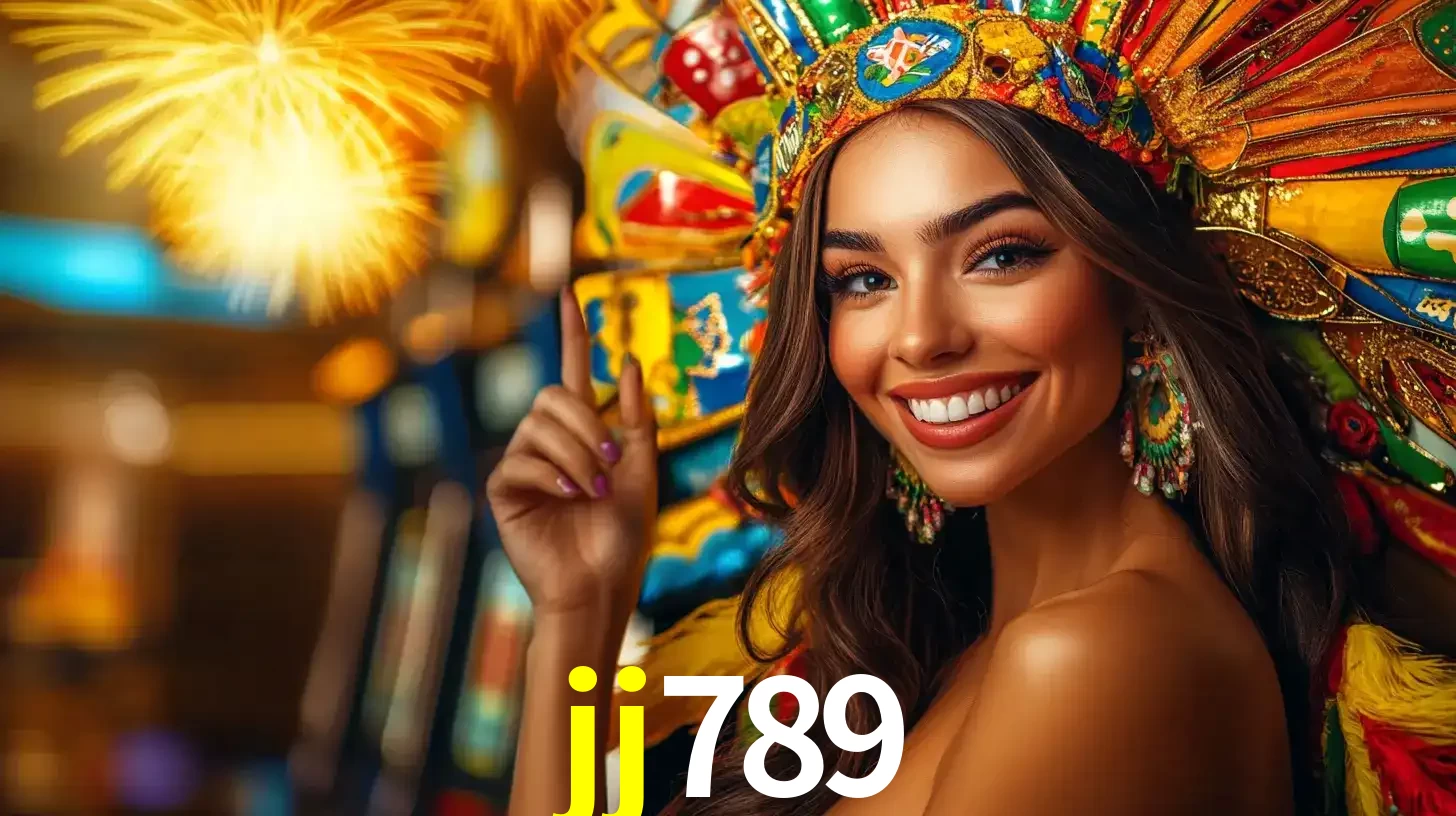 Mulher sorridente com um cocar de carnaval vibrante e colorido, celebrando uma grande vitória nos jogos do cassino jj789 com fogos de artifício ao fundo.