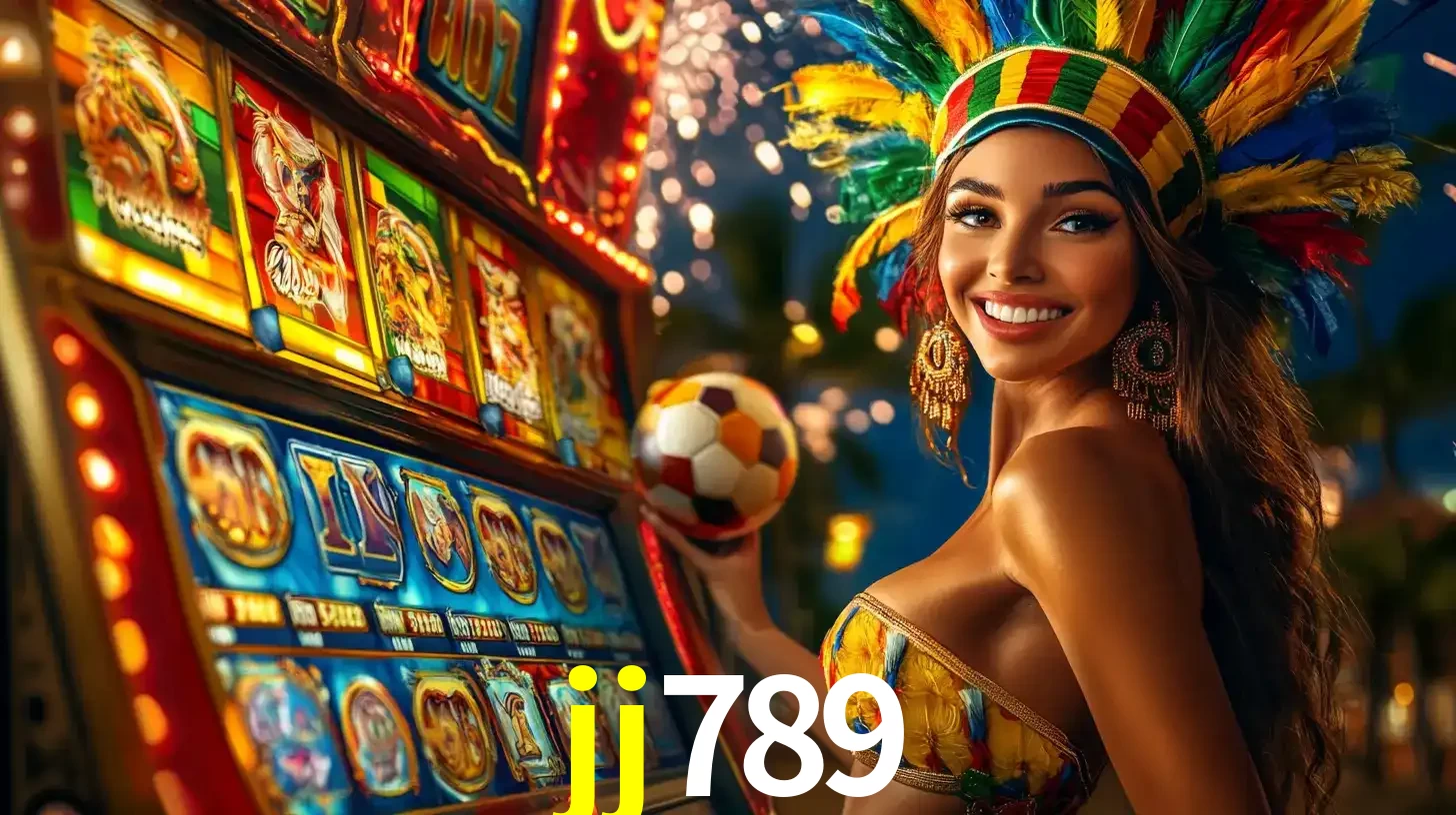 Mulher com um cocar de carnaval ao lado de uma máquina de caça-níqueis enquanto segura uma bola de futebol, mostrando a união da diversão de cassino e esportes no jj789.