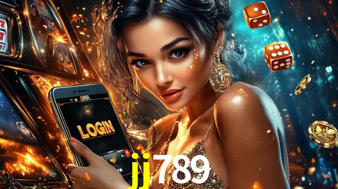 Mulher glamourosa segurando um celular com a tela de login do cassino jj789, rodeada por dados e moedas douradas, pronta para começar a diversão.