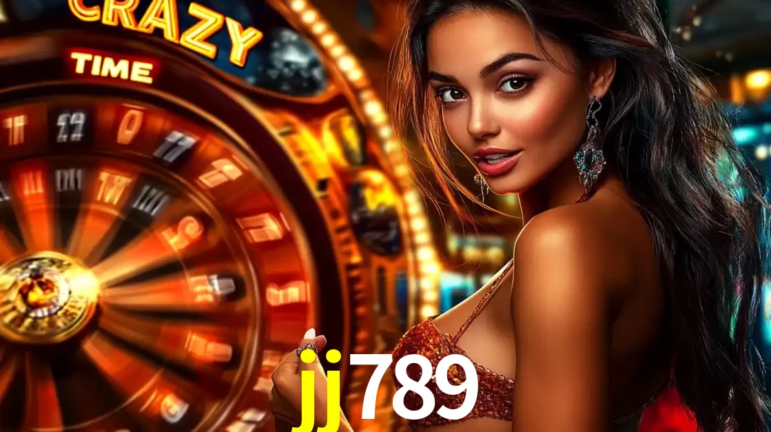 Mulher ao lado da roda de prêmios do jogo de cassino ao vivo Crazy Time, um dos shows de jogos mais emocionantes oferecidos pela plataforma de apostas jj789.