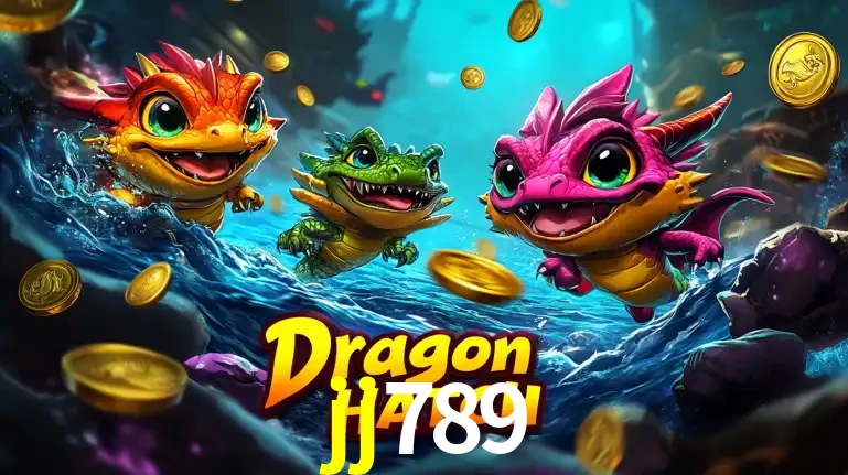 Arte promocional do jogo Dragon Hatch com três adoráveis dragões bebês nadando entre moedas de ouro, um dos slots mais divertidos para jogar no cassino jj789.
