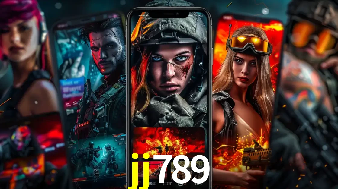 Montagem de telas de celular mostrando diversos personagens, masculinos e femininos, de um jogo de tiro, ilustrando a diversidade de equipes de e-sports para apostar no jj789.