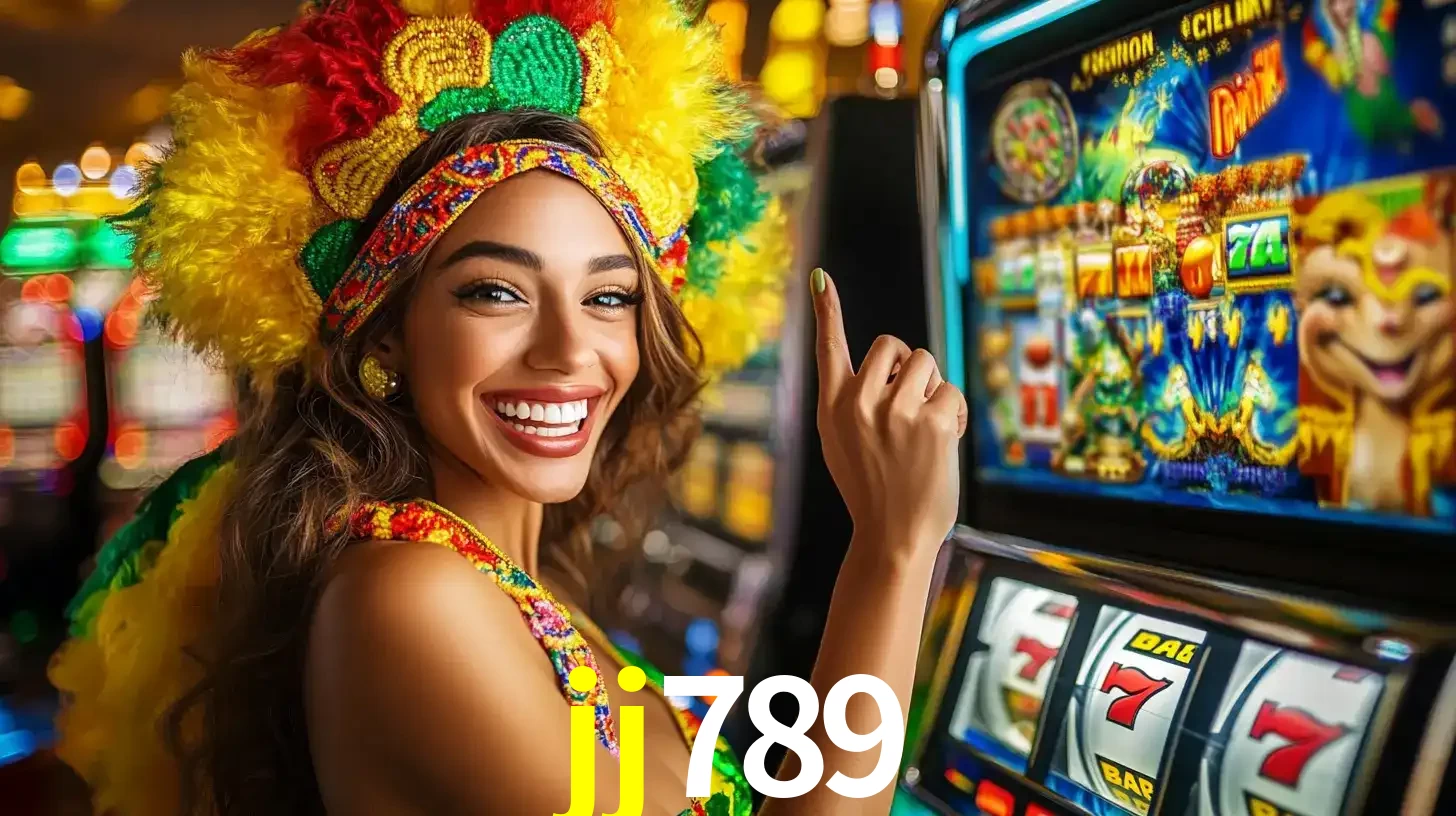 Mulher animada com um cocar de carnaval apontando para uma máquina de caça-níqueis, mostrando a emoção de ganhar um grande prêmio nos jogos do jj789.