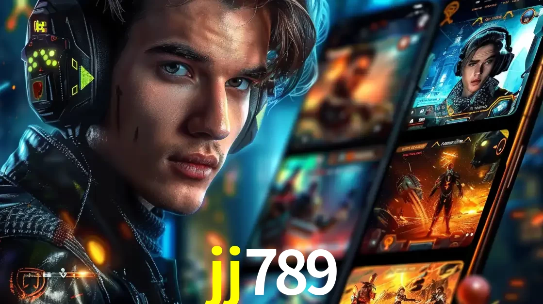 Jovem jogador com fones de ouvido olhando para a câmera, com um aplicativo de jogos e e-sports para celular ao fundo, pronto para a competição e apostas no jj789.