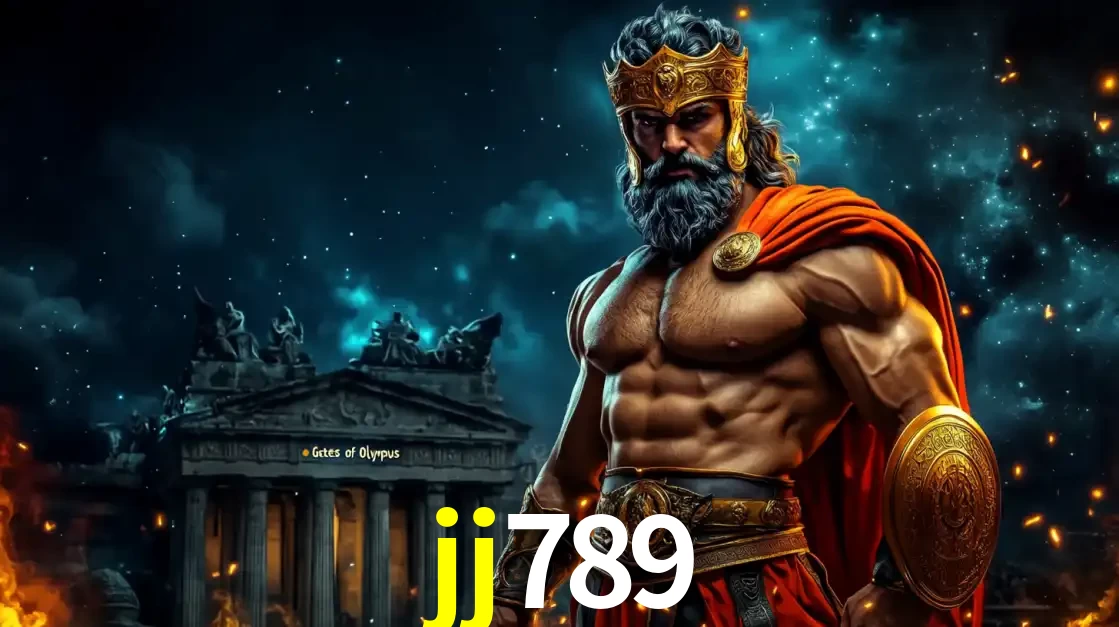O poderoso Zeus do jogo de slot Gates of Olympus em frente ao seu templo, pronto para lançar multiplicadores divinos e prêmios épicos no cassino online jj789.