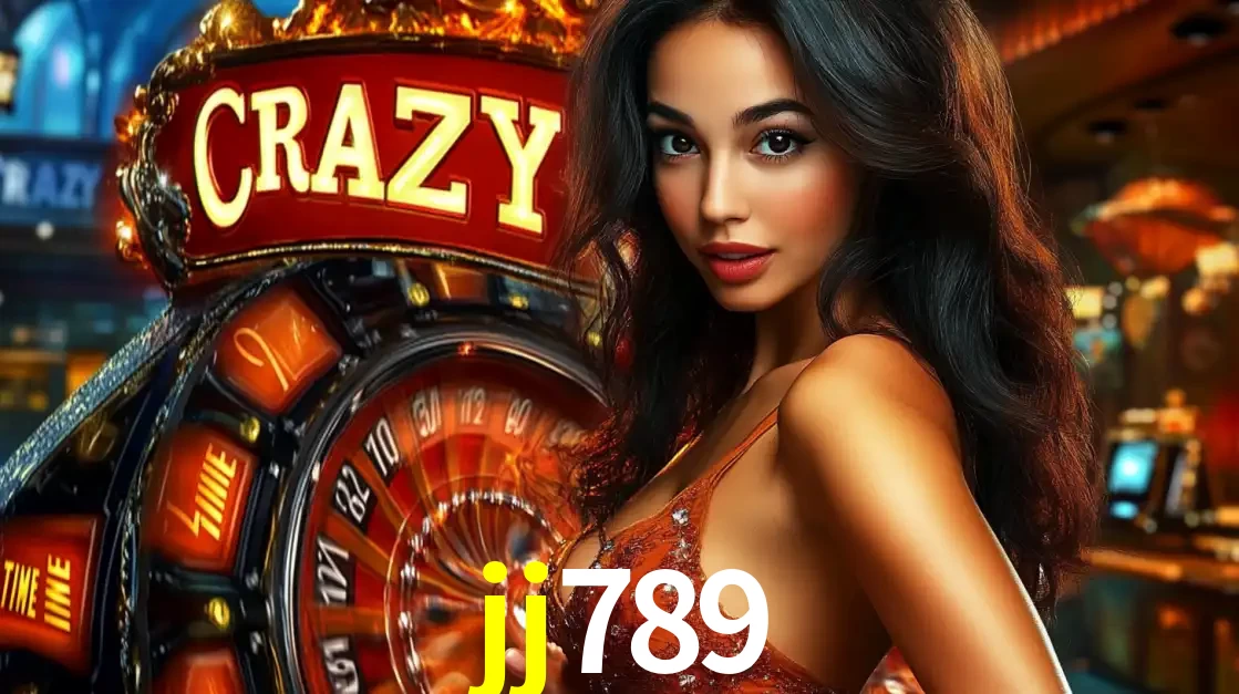 Mulher glamourosa olhando para a câmera com a roda vermelha do Crazy Time ao fundo em um ambiente de cassino, destacando a emoção dos jogos ao vivo no jj789.