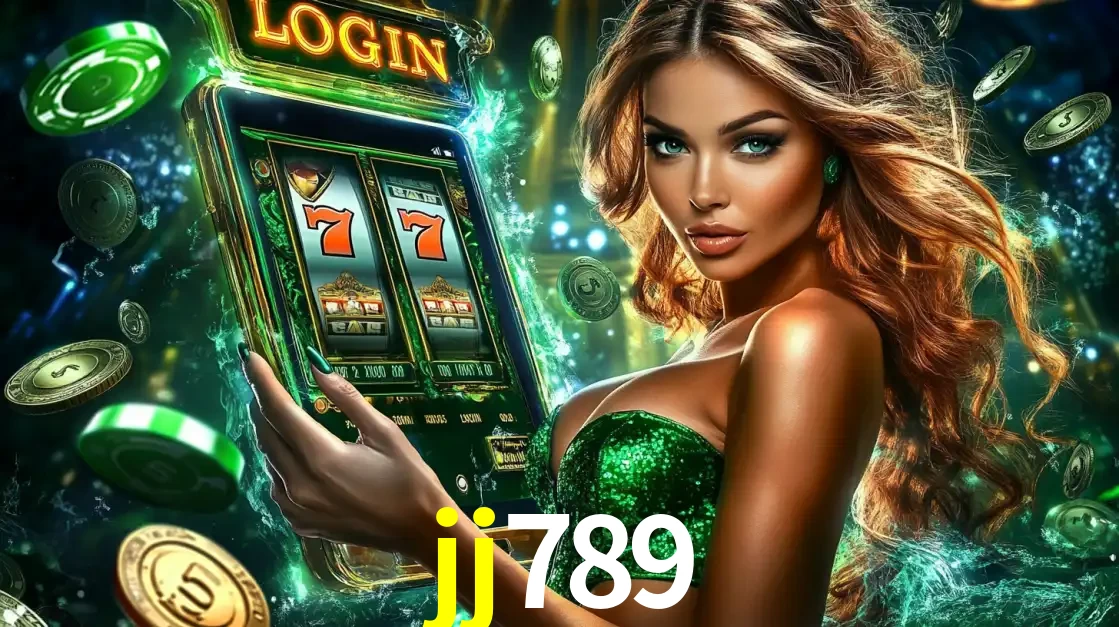 Mulher com tema verde apresentando o aplicativo do cassino jj789 com um jogo de slot de 777, cercada por fichas de cassino e uma aura de sorte.