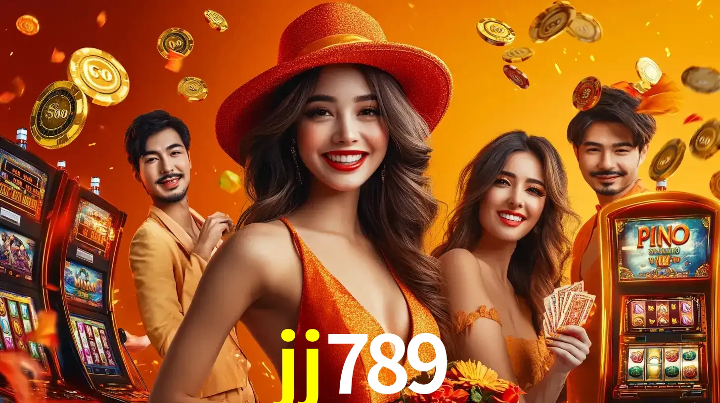 Grupo de amigos asiáticos sorrindo e se divertindo com máquinas de caça-níqueis em um ambiente festivo, celebrando suas vitórias nos jogos de cassino do jj789.