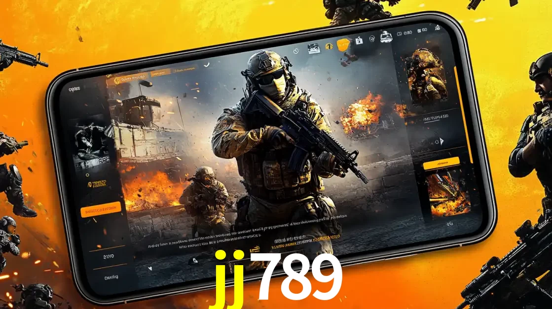 Um smartphone exibindo a interface de um jogo de tiro em primeira pessoa, com um soldado em um cenário de batalha, representando a ação dos e-sports para apostar no jj789.