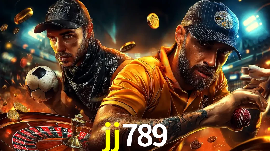 Montagem de apostas esportivas e cassino no jj789, com um homem segurando uma bola de futebol e outro uma de beisebol sobre uma roleta e moedas voadoras.