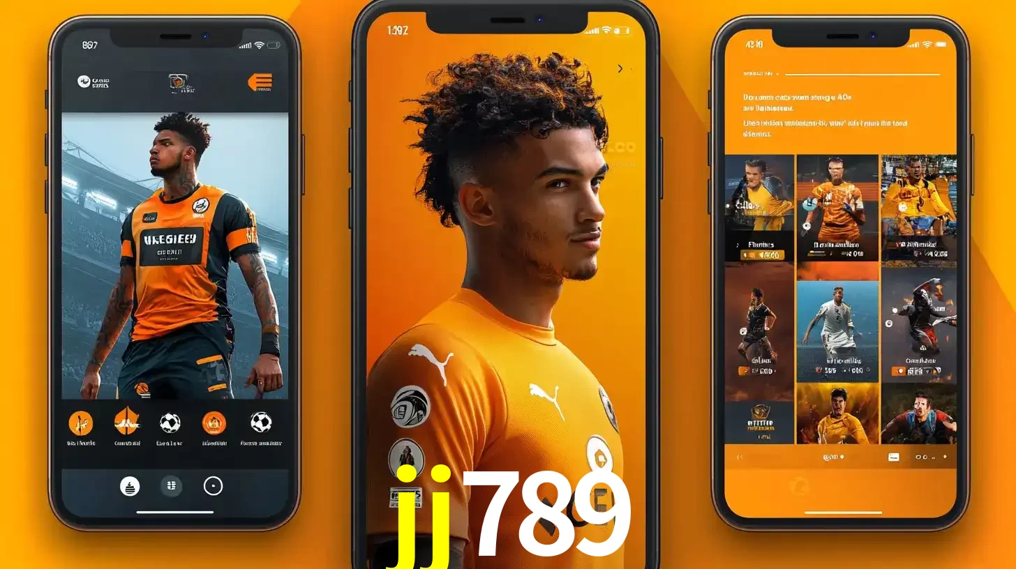 Interface do aplicativo de apostas esportivas jj789 em três telas de celular, mostrando o perfil de um jogador de futebol e a lista de jogos disponíveis para apostar.