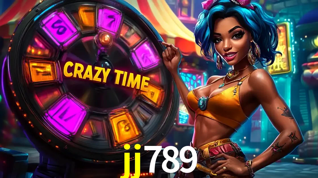 Mulher estilizada com cabelo azul e visual vibrante posando ao lado da roda de prêmios do game show Crazy Time, convidando para a diversão e os bônus do cassino jj789.