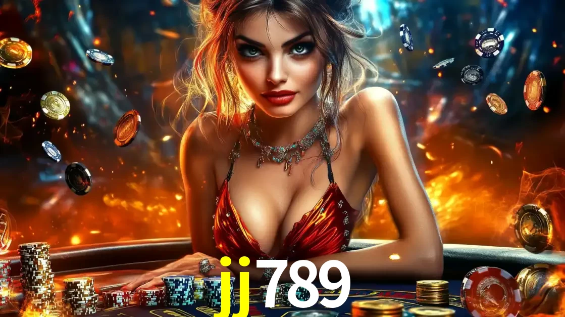 Mulher em uma mesa de cassino com pilhas de fichas e um fundo de fogo, pronta para uma rodada de altas apostas nos jogos de mesa emocionantes do cassino jj789.
