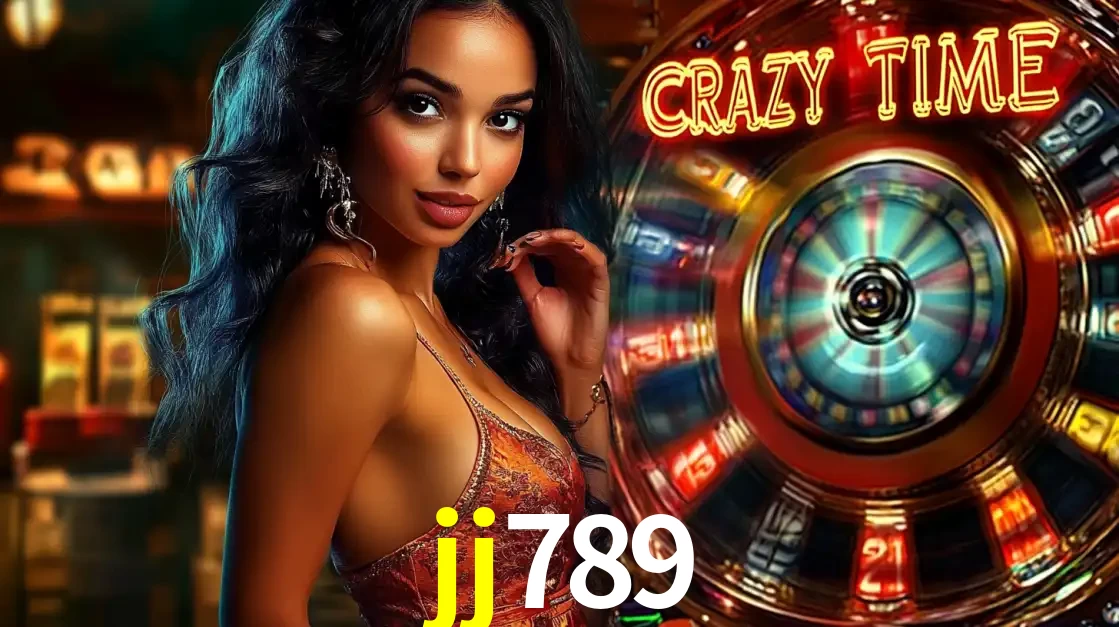 Mulher elegante ao lado da vibrante roda da fortuna do jogo de cassino ao vivo Crazy Time, um dos game shows mais populares e cheios de prêmios do jj789.