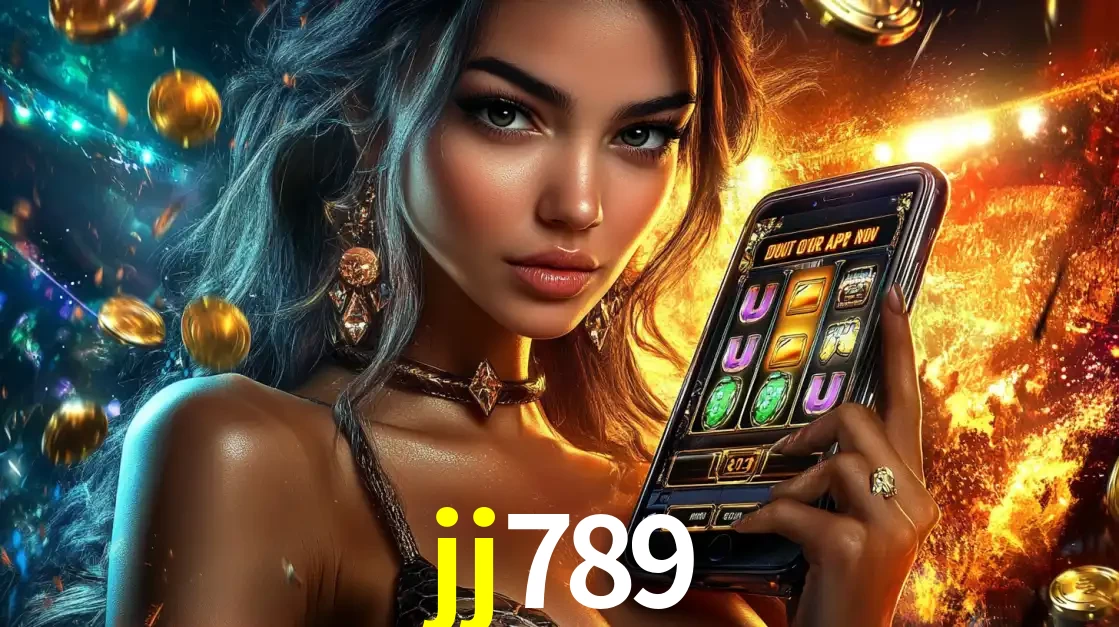 Mulher elegante mostrando um jogo de caça-níqueis em seu smartphone, destacando a experiência de cassino móvel oferecida pelo aplicativo jj789.
