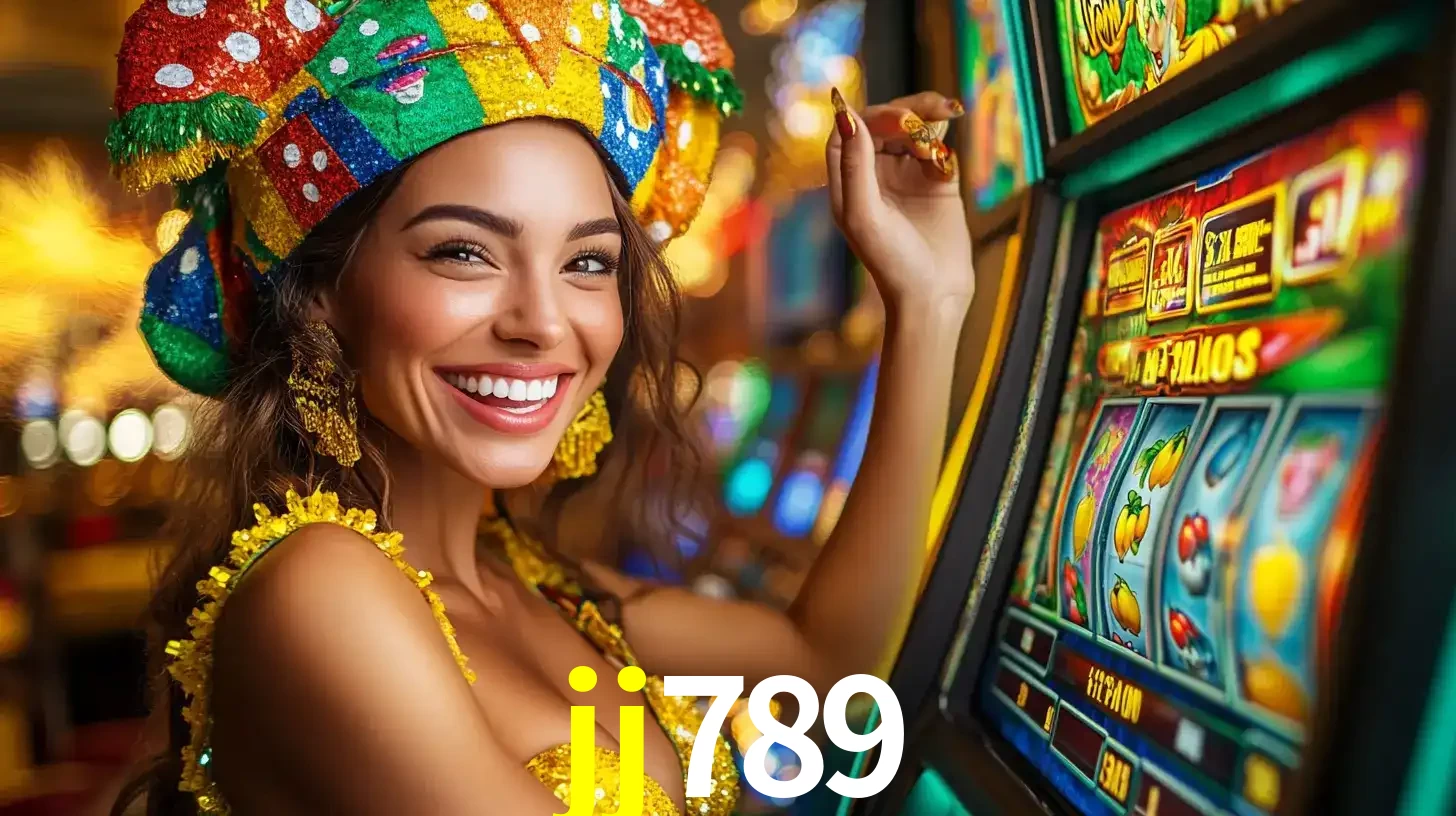 Mulher feliz com traje de carnaval amarelo e colorido ao lado de uma máquina de caça-níqueis, aproveitando a diversão e os jogos temáticos do cassino jj789.