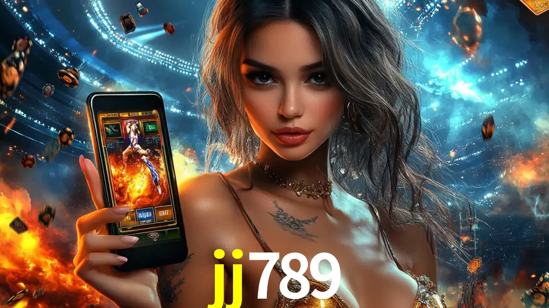 Mulher segurando um celular com um jogo de slot em destaque, tendo como fundo um estádio vibrante, simbolizando a emoção de jogar no cassino móvel jj789.