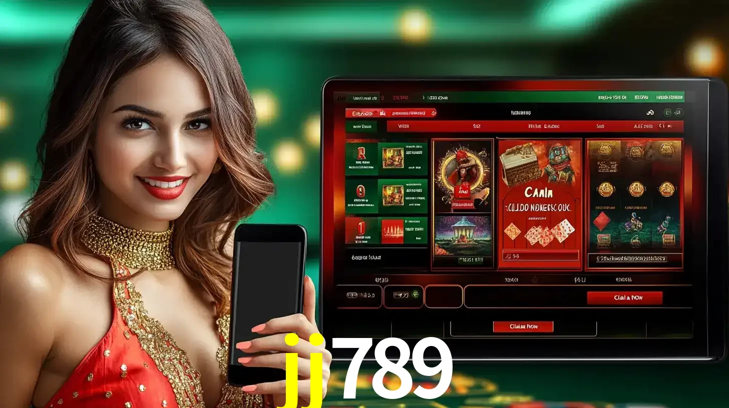 Mulher sorridente segurando um smartphone, ao lado de uma tela exibindo o lobby de jogos do cassino online jj789, com várias opções de jogos de cartas e slots.
